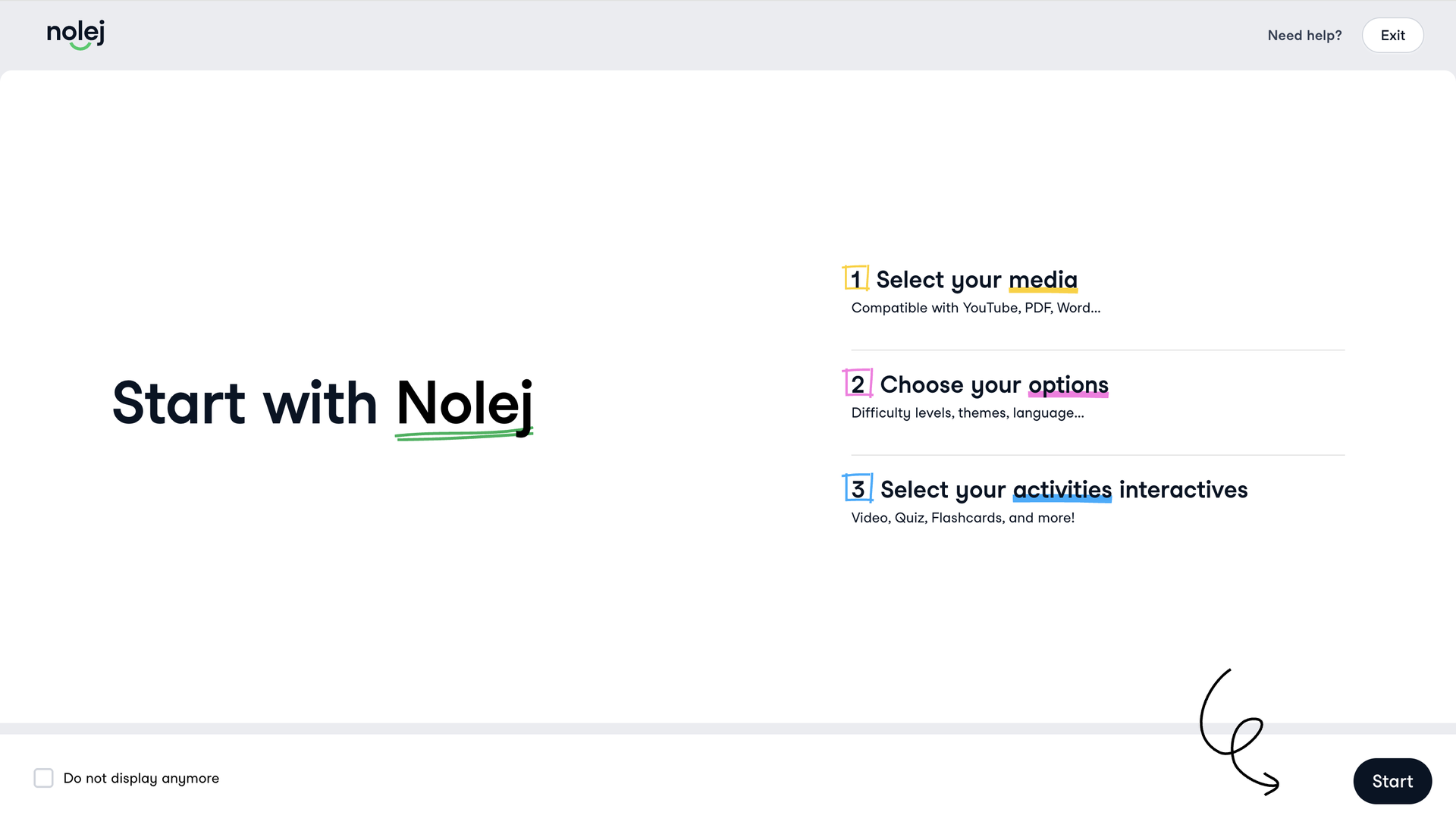 Getting started with Nolej: select your media, choose your options, pick your interactive activities